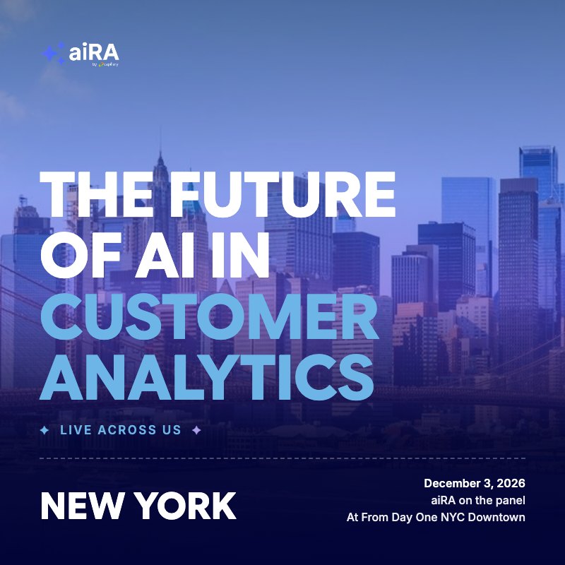 The Future of AI in Customer Analytics, live across US. New York, December 3, 2026, aiRA on the panel at From Day One NYC Downtown, over the New York skyline in the tour tint.